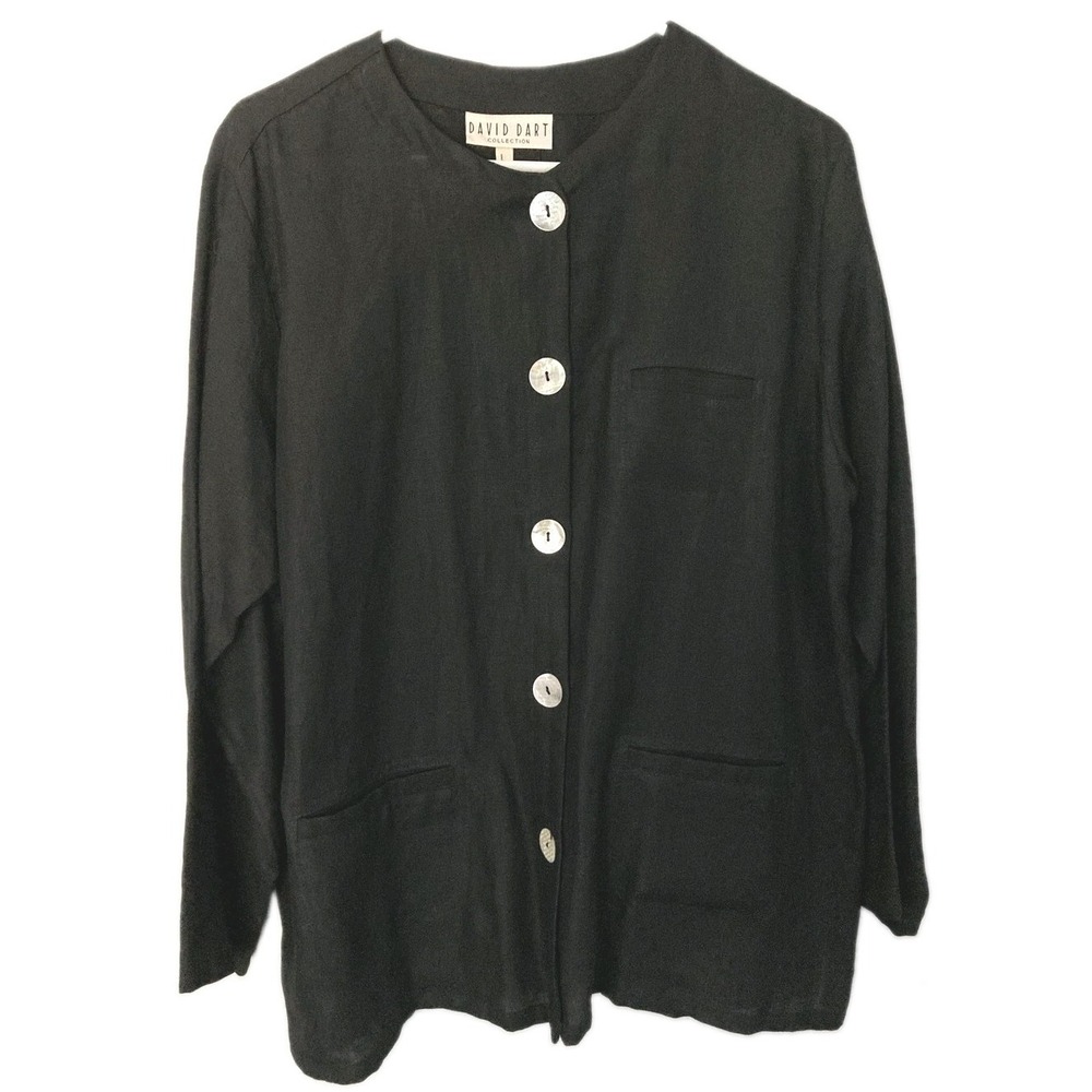 Vtg David Dart Jacket Women L Black Linen Button Front Collarless Pocket USA NWT